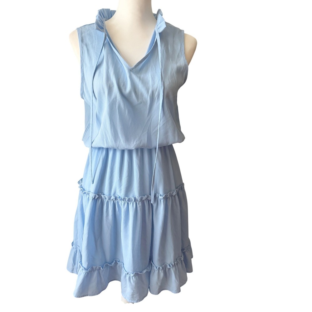 Coastal Chic Tiered Mini Dress S Blue Cottagecore Ruffle Tie Neck Sleeveless